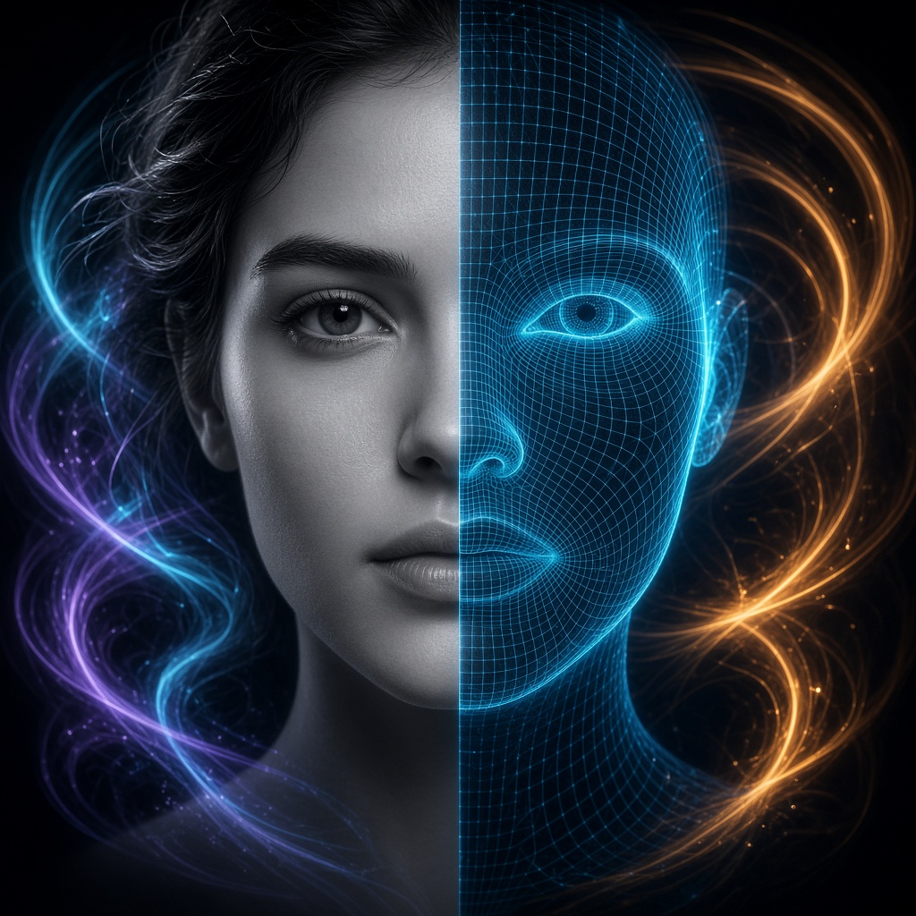 Half-human, half neon wireframe face — human mind meeting living systems